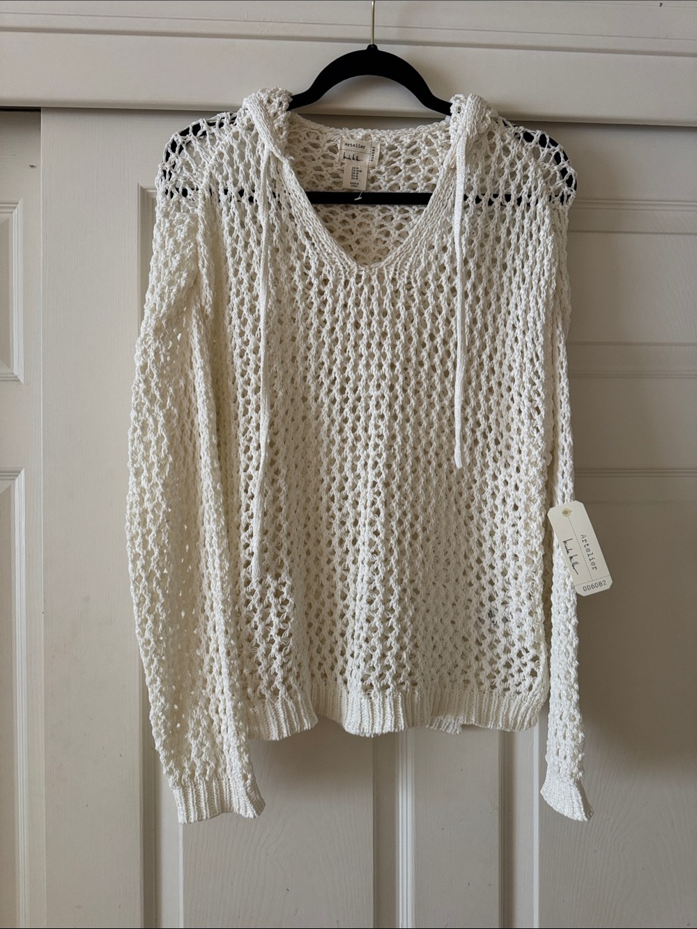 Nicole Miller Ivory Open-Knit V-Neck Hoodie Sweater